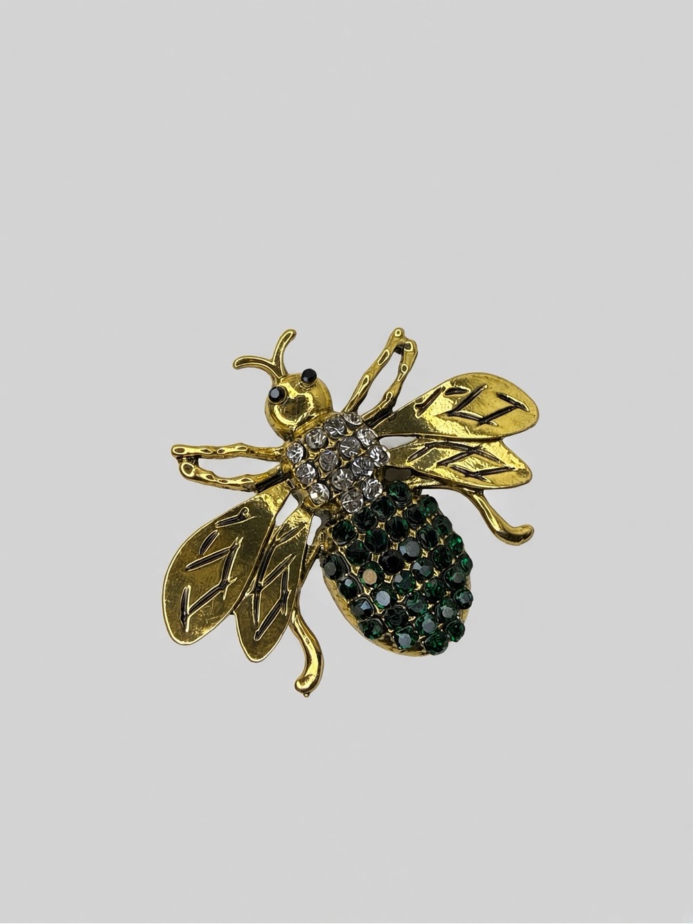 UNSIGNED Gold Bee Brooch with Green and Clear Crystals - Women Jewelry